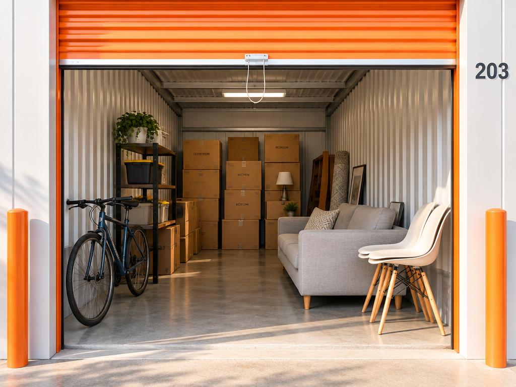 Trastero con cajas, bici y sofá bien colocados